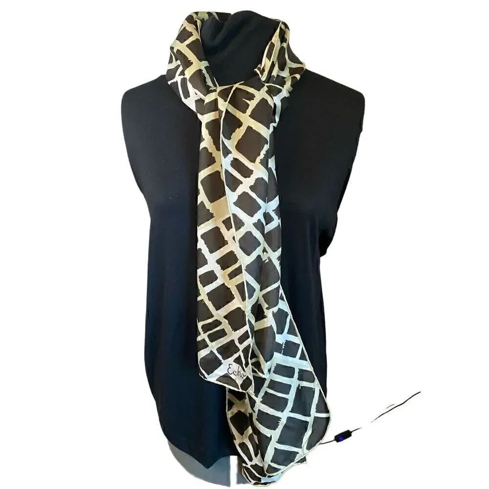 Echo long scarf white with brown abstract squares vintage